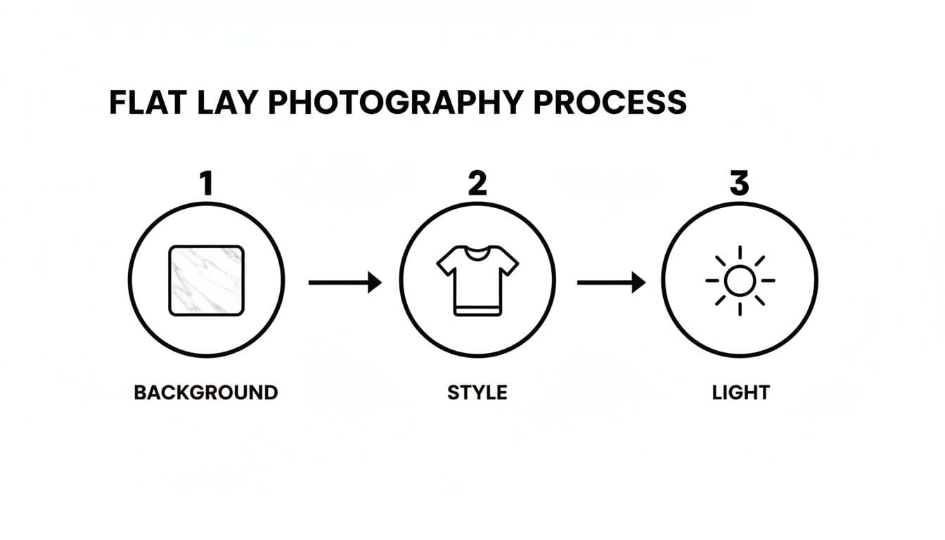 Diagram showing the flat lay photography process with three steps: background, style, and light.
