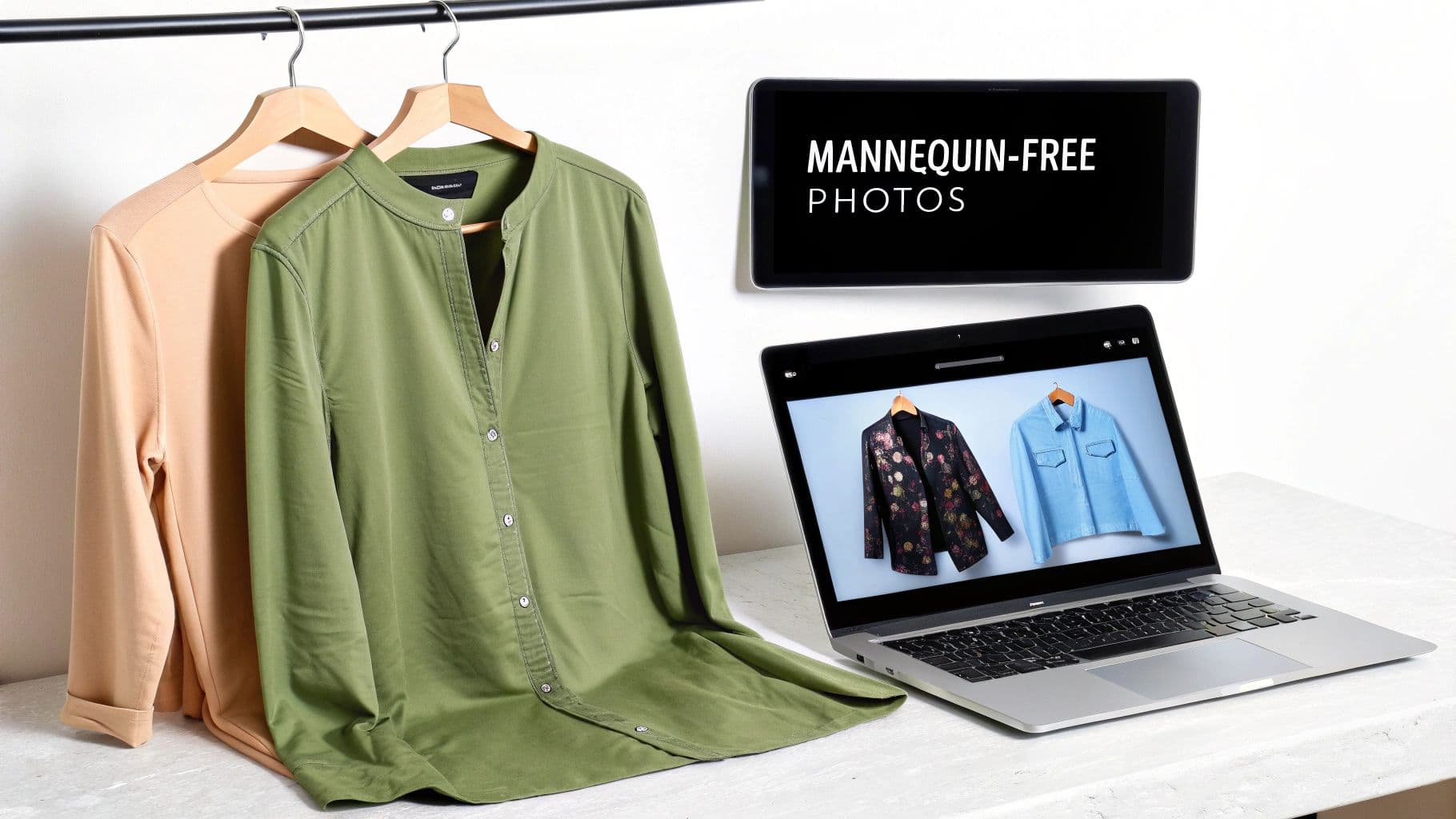 Two shirts on hangers, a tablet displaying 'MANNEQUIN-FREE PHOTOS', and a laptop with clothing images.
