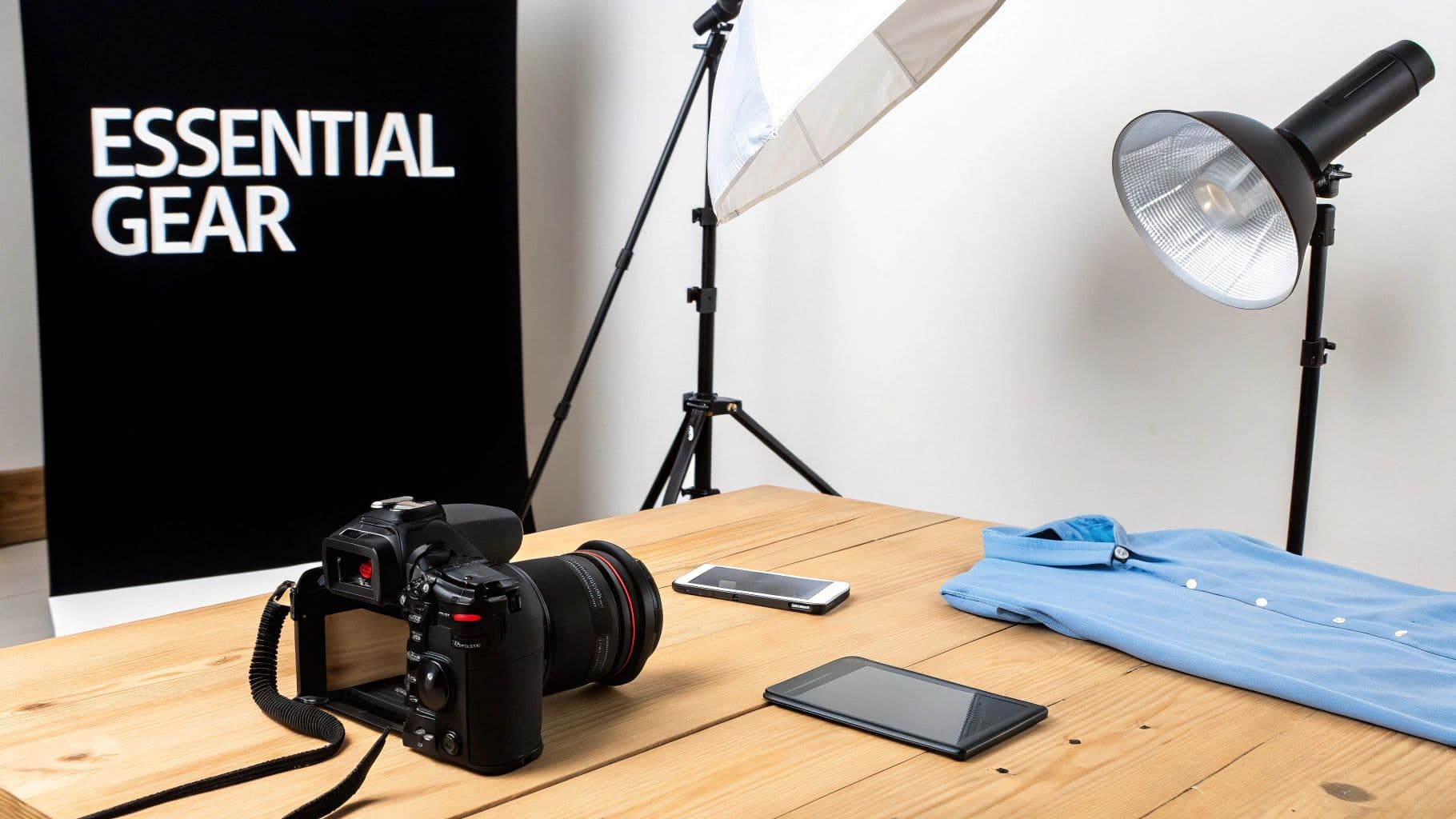 A product photography setup with a camera, blue shirt, smartphone, and tablet on a wooden table, ready for shooting.