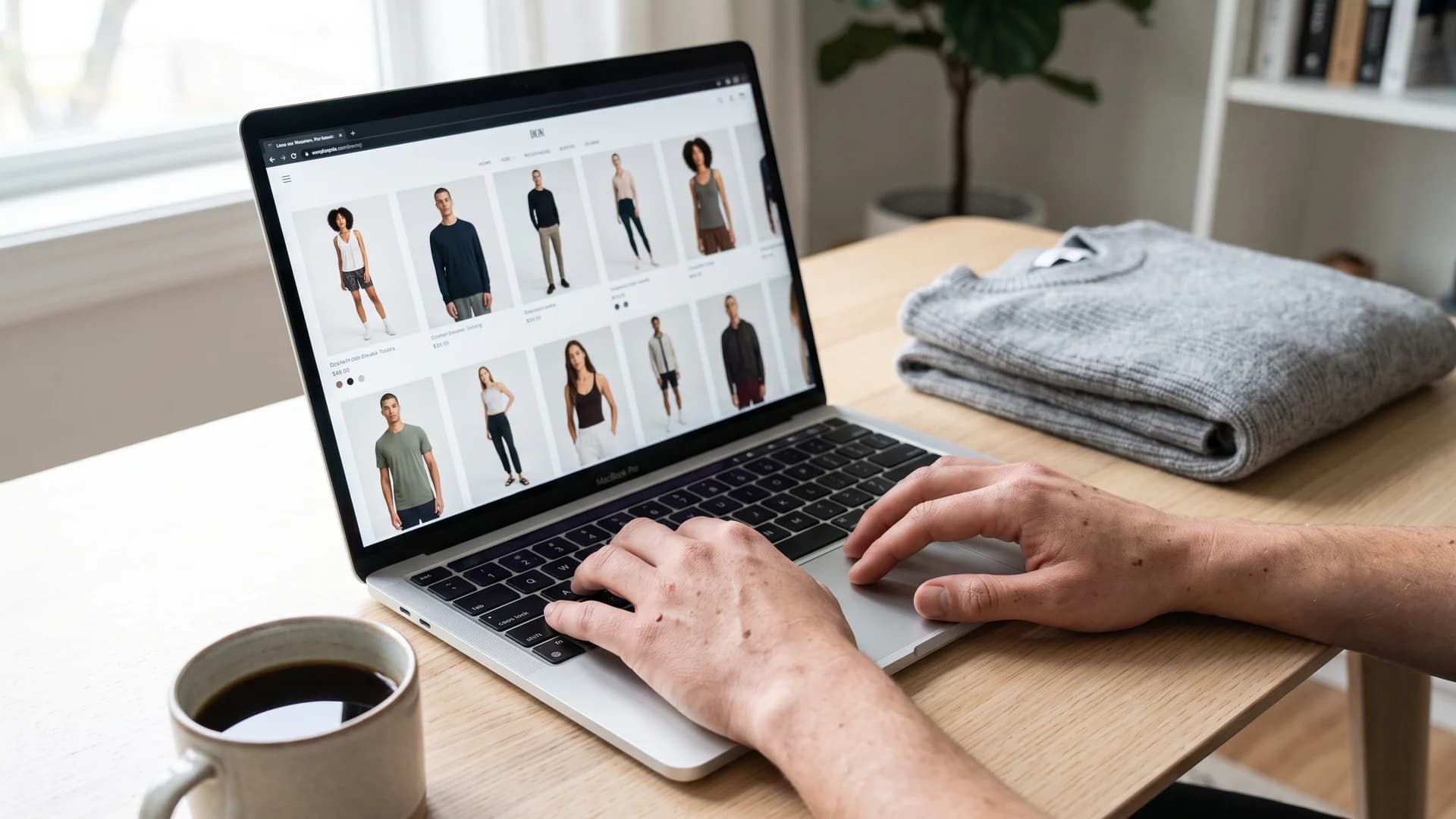 Ecommerce clothing catalog of AI model photos displayed on a laptop