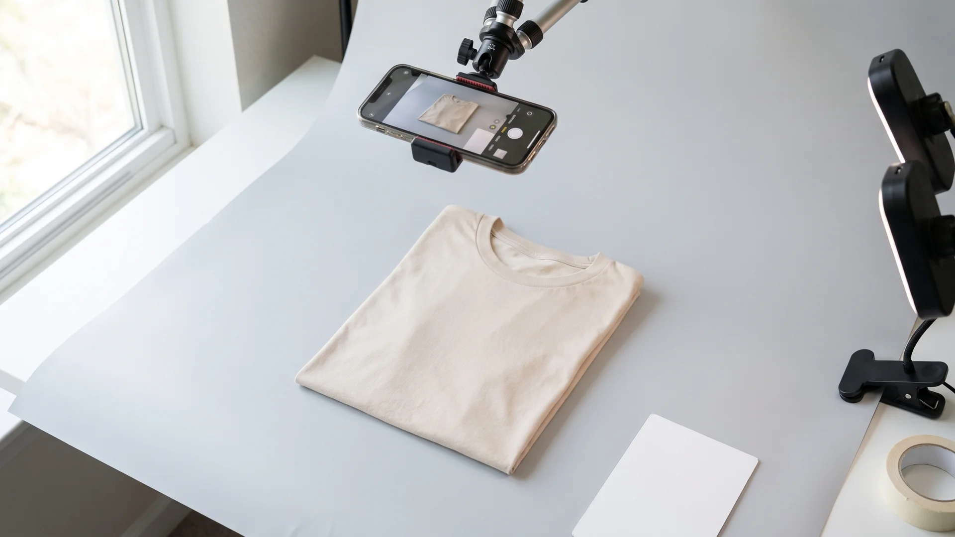 Flat-lay garment photo being shot for an AI clothing model workflow