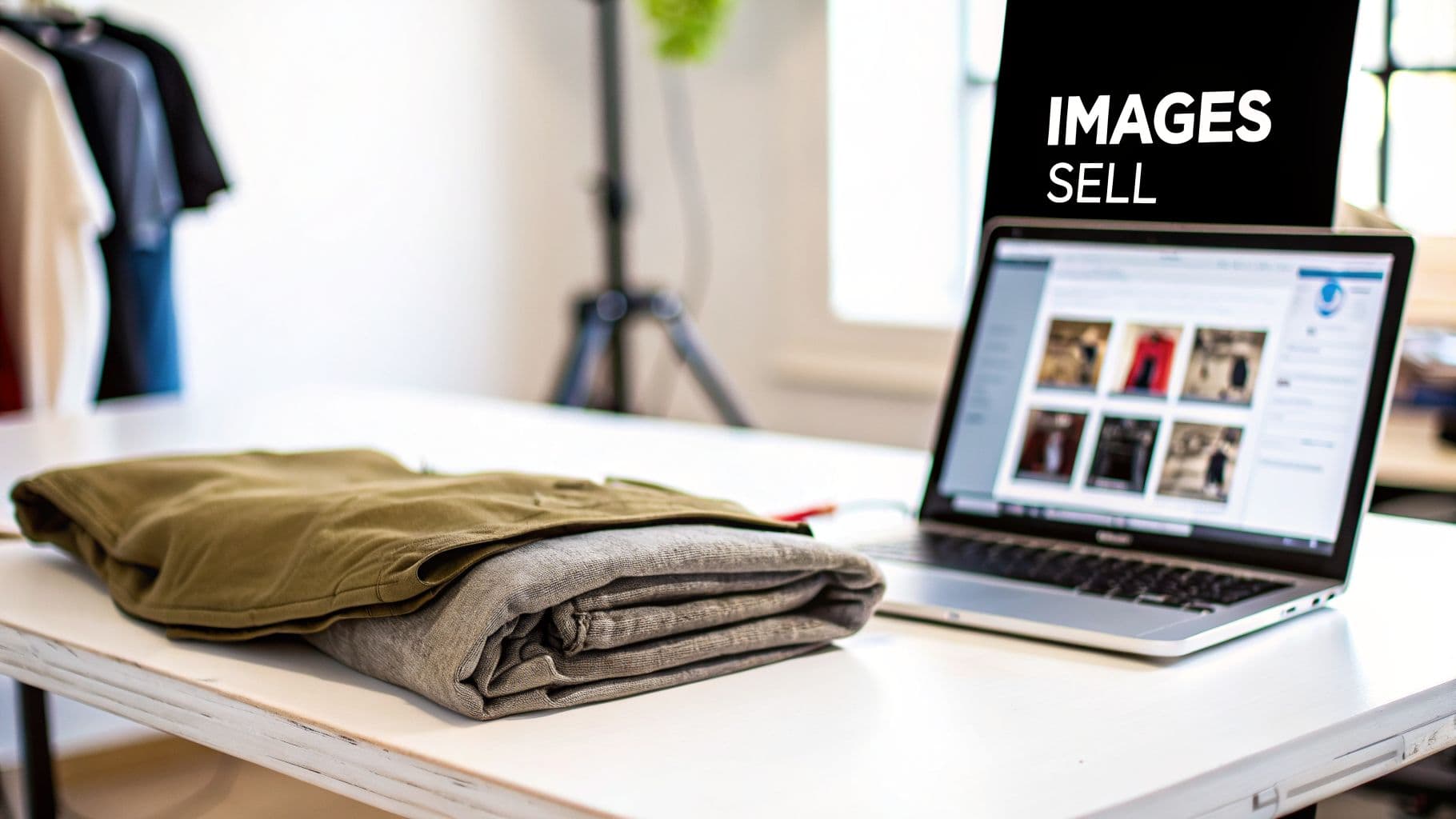 Folded clothes and a laptop displaying e-commerce product images with an 'IMAGES SELL' sign.