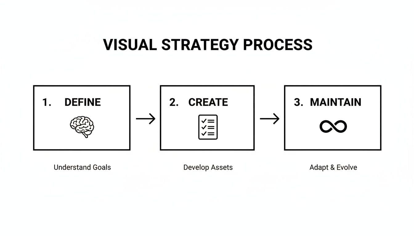 Visual strategy process diagram with three steps: Define (Understand Goals), Create (Develop Assets), Maintain (Adapt & Evolve).