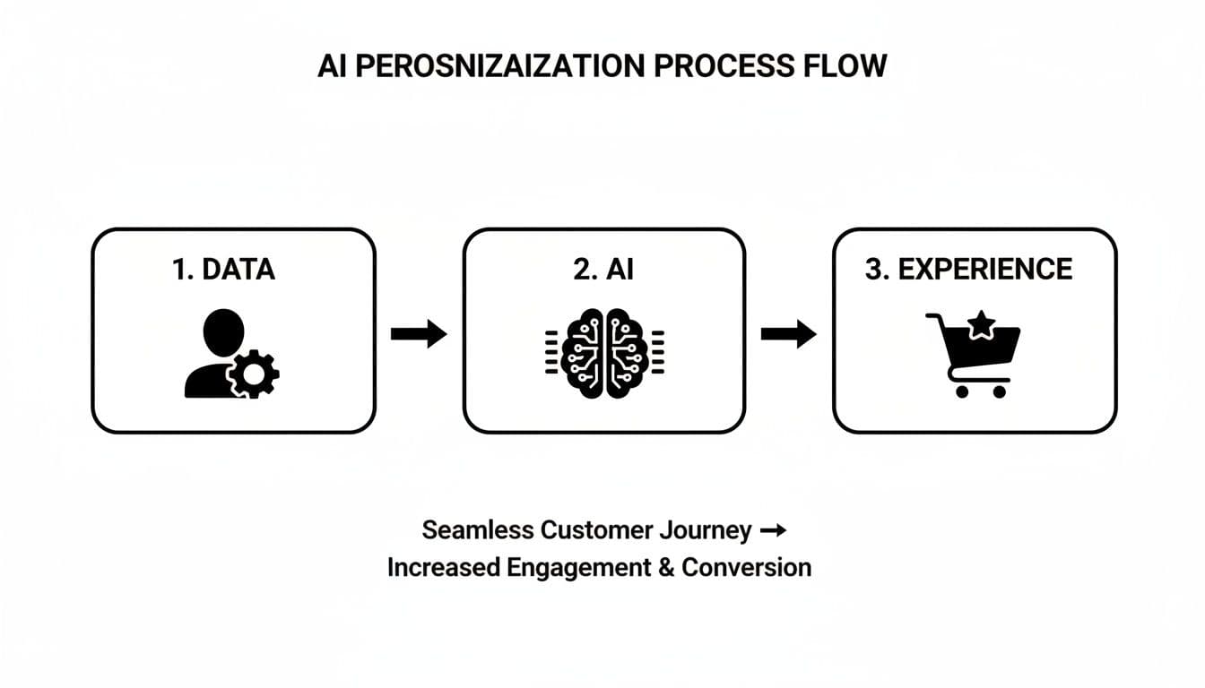 AI personalization process flow showing data, AI, and improved customer experience leading to conversion.