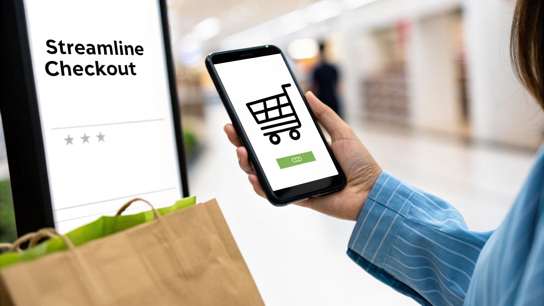 Hand holding smartphone with shopping cart icon at a digital streamline checkout display in a store.