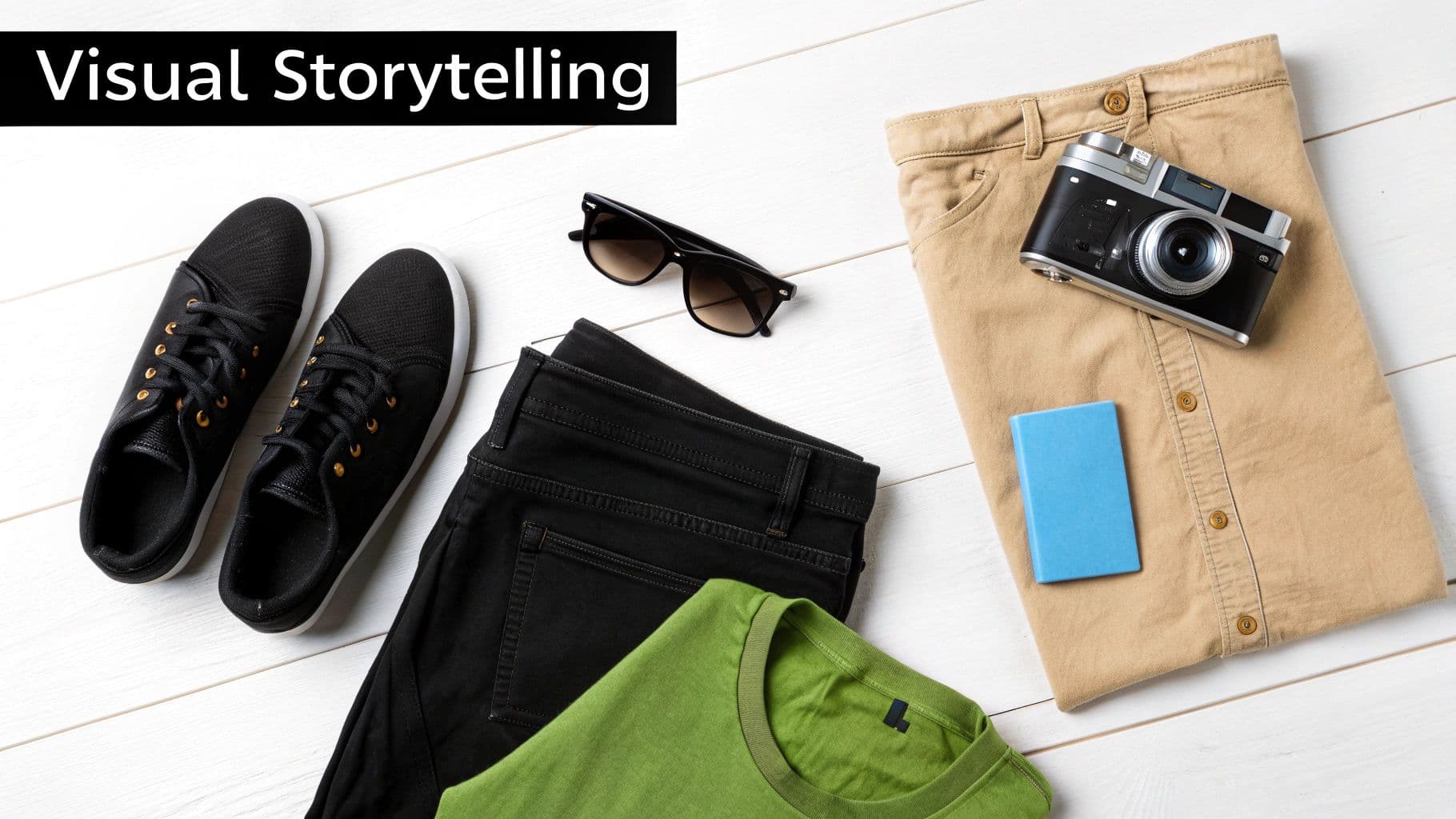 Flat lay of casual clothes, sunglasses, camera, and notebook on a white wooden surface, with 'Visual Storytelling' text.
