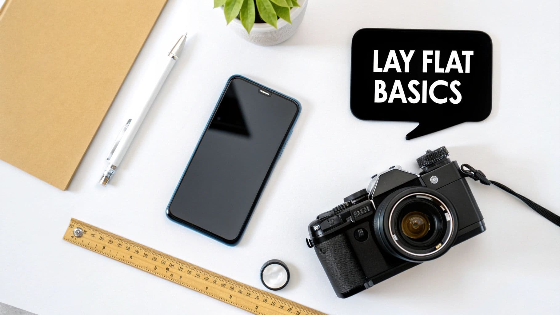Overhead view of a flat lay photography setup with camera, smartphone, and 'LAY FLAT BASICS' speech bubble.