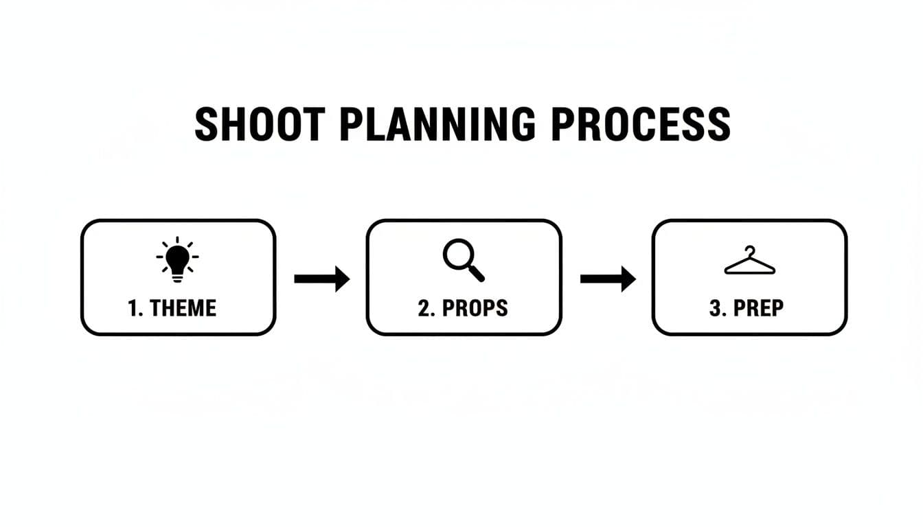 Diagram illustrating a three-step shoot planning process: Theme, Props, and Prep, with corresponding icons.