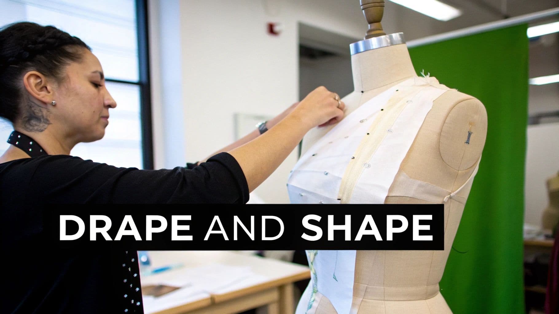 A fashion designer with braids and a neck tattoo drapes white fabric onto a mannequin, shaping a new garment.