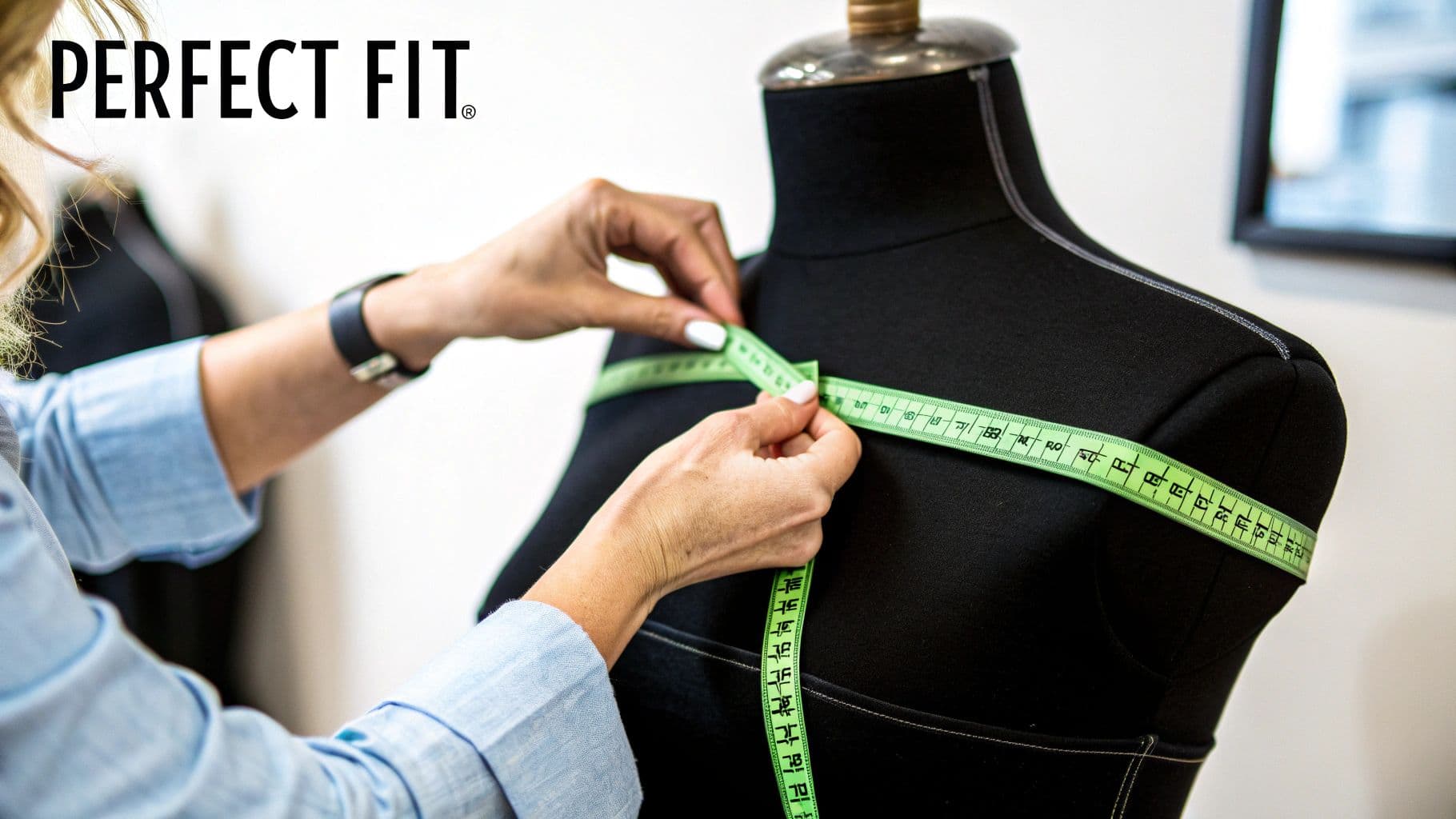 A person's hands measure a black mannequin with a green tape, focusing on tailoring.