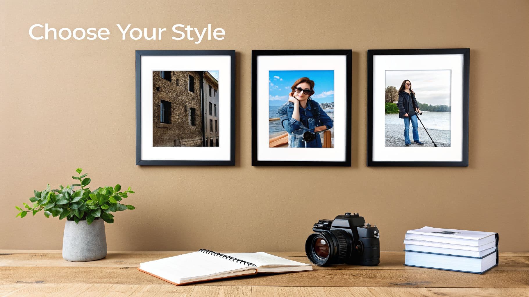 Three framed photos showcasing different styles hang above a desk with a plant and camera.