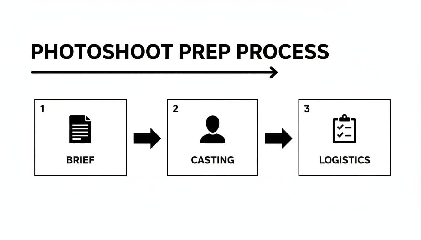 Flowchart showing the three-step photoshoot prep process: Brief, Casting, and Logistics.