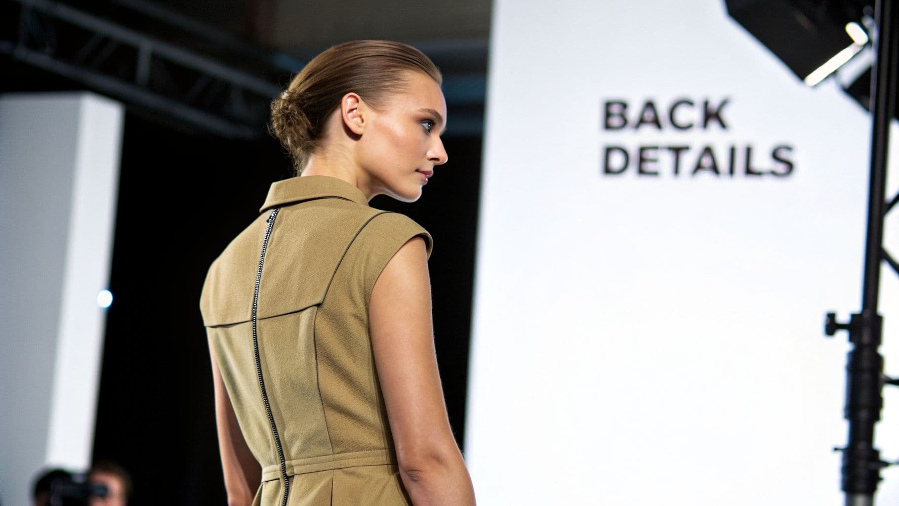 A model in a tan sleeveless dress, showing back zipper details, looks left at a fashion event.