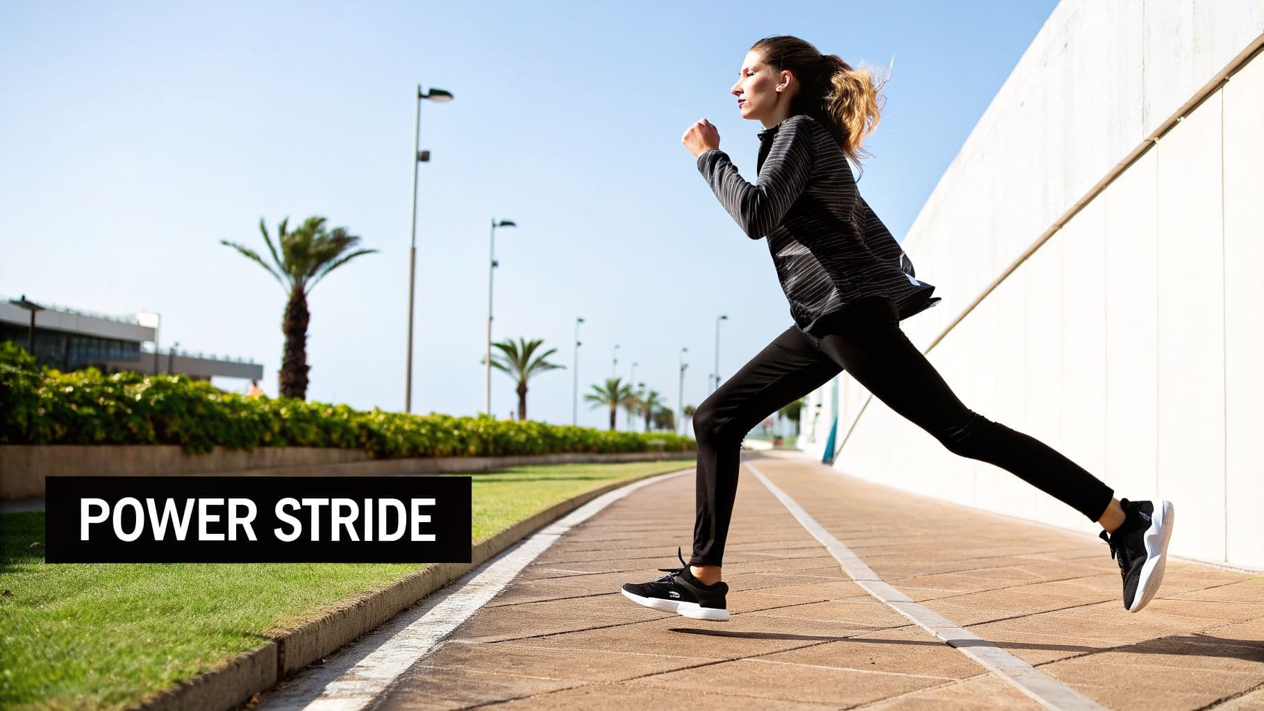 A young woman jogs purposefully on a sunny day along a path lined with palm trees and green foliage.