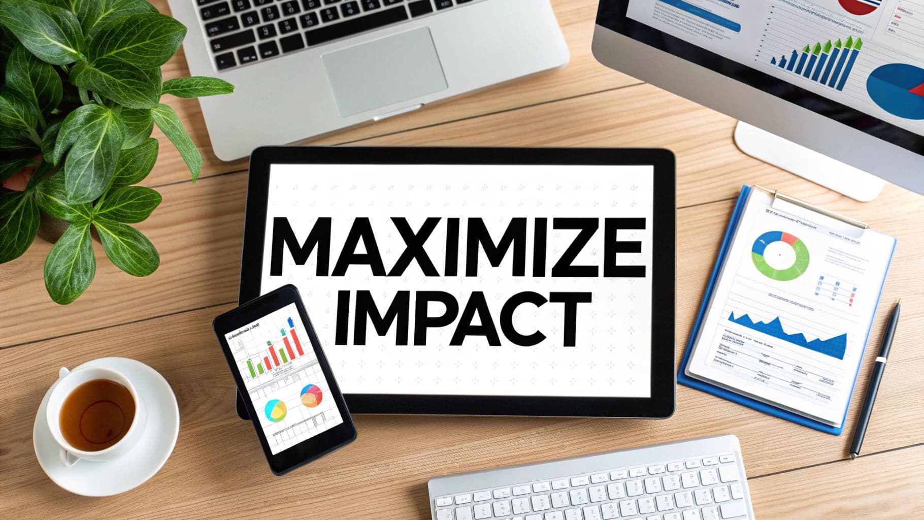 A flatlay of a wooden desk with a tablet displaying 'MAXIMIZE IMPACT,' laptop, monitor, phone, and financial documents.