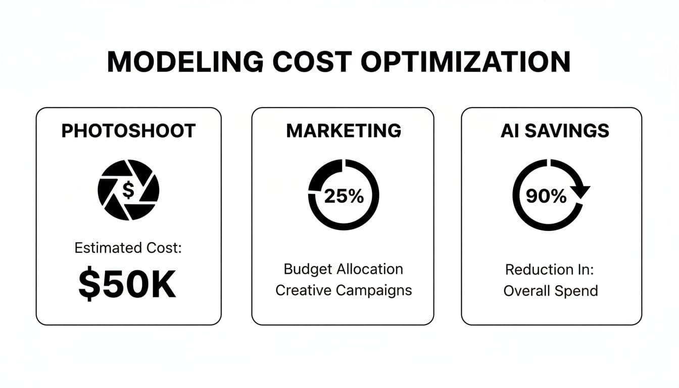 Infographic details modeling cost optimization showing $50K photoshoot, 25% marketing, and 90% AI savings.