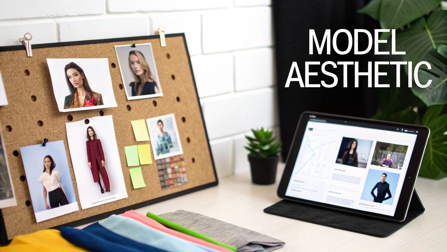A fashion designer's desk with a mood board, model photos, tablet, and fabric swatches.