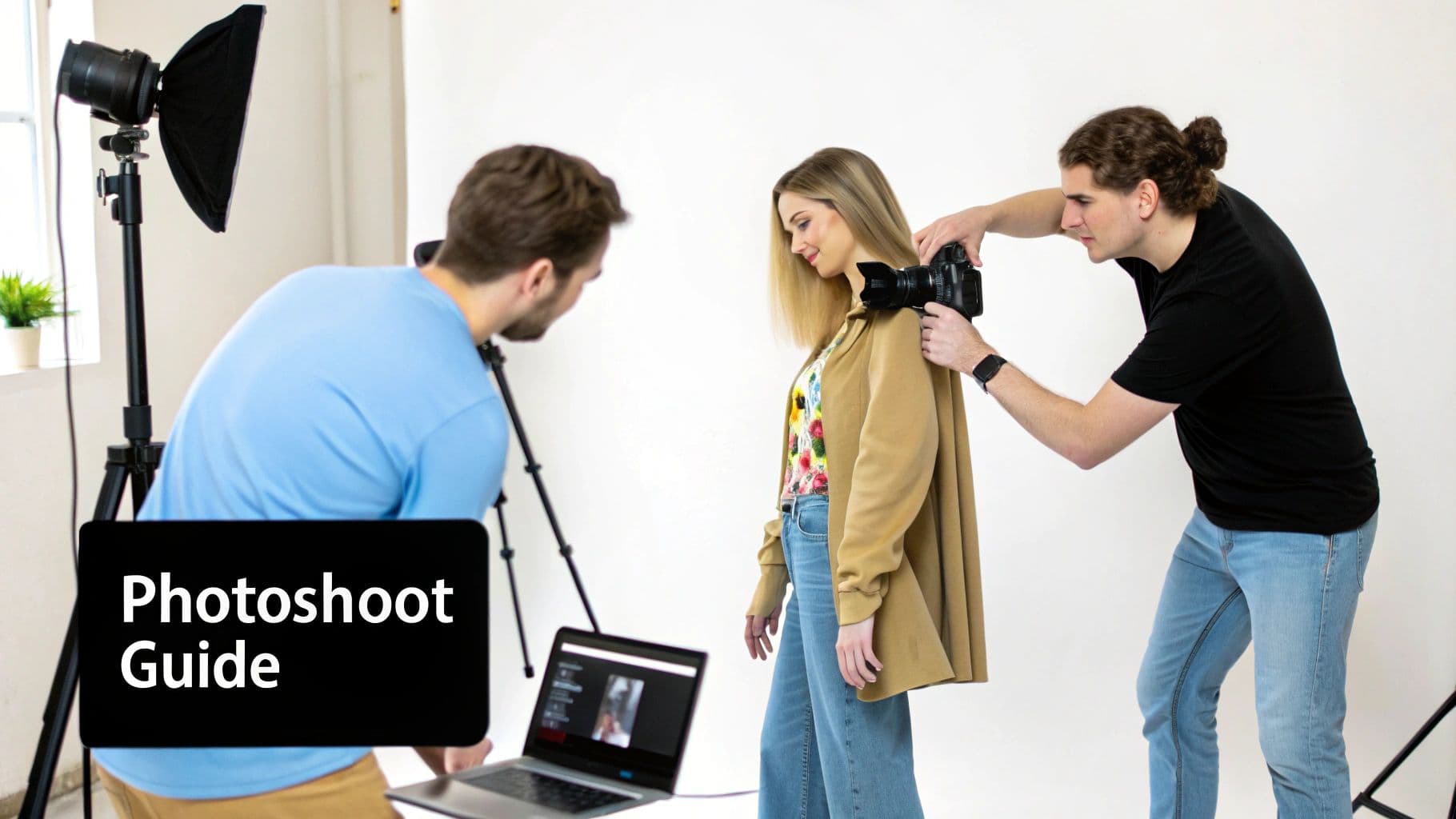 A professional studio photoshoot featuring a model, photographer, and assistant with lighting equipment and a laptop.