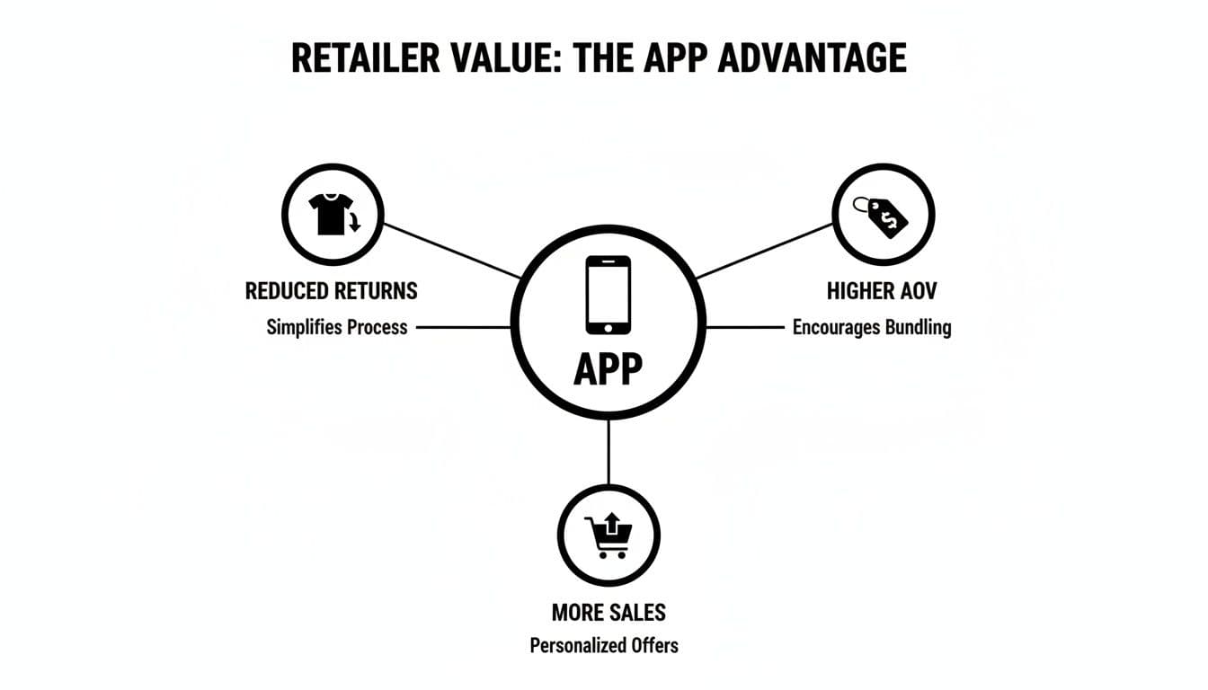 A diagram illustrating the retail app advantage, showing how an app leads to reduced returns, higher AOV, and more sales.