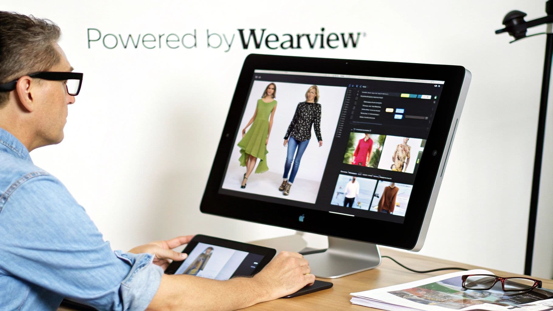 Man using Wearview personal fashion stylist app on a large monitor and tablet device.