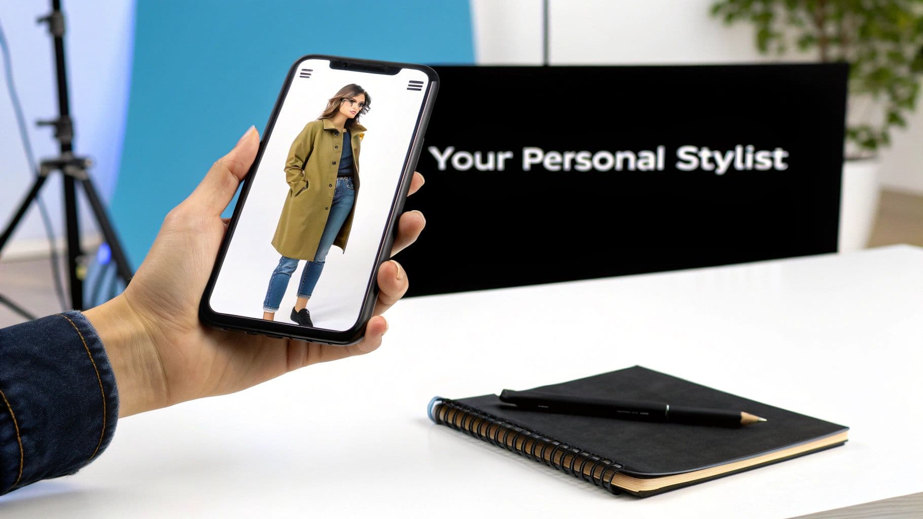 A person holds a smartphone displaying a fashion model, with 'Your Personal Stylist' on a background screen.