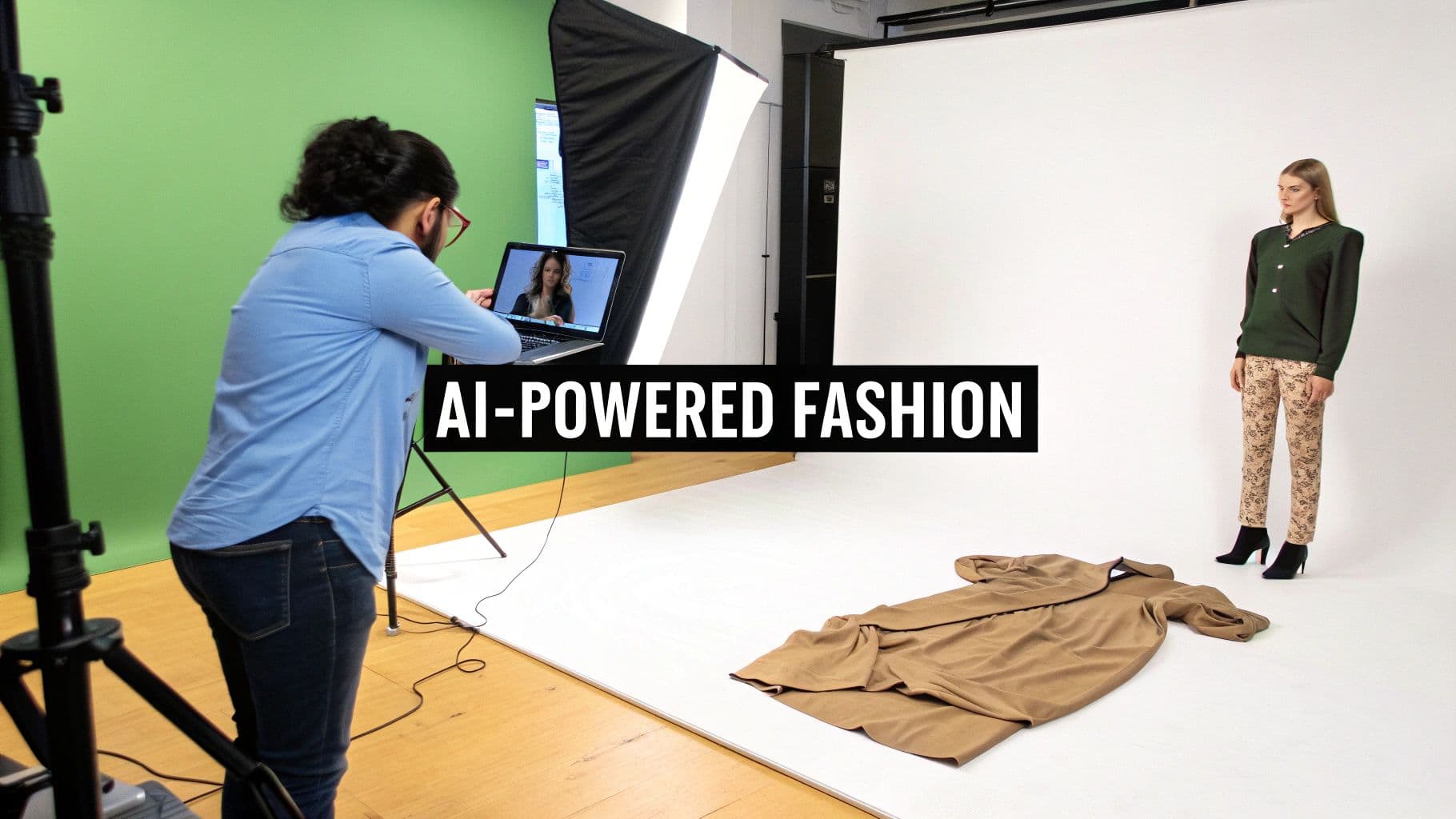 A man photographs a fashion model and a brown coat in a studio, with 'AI-POWERED FASHION' text.