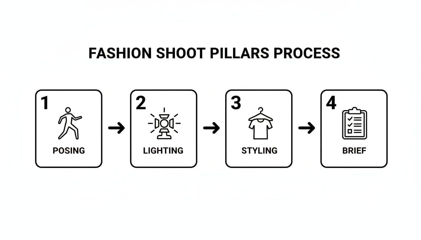 A four-step process infographic detailing fashion shoot pillars: posing, lighting, styling, and brief.