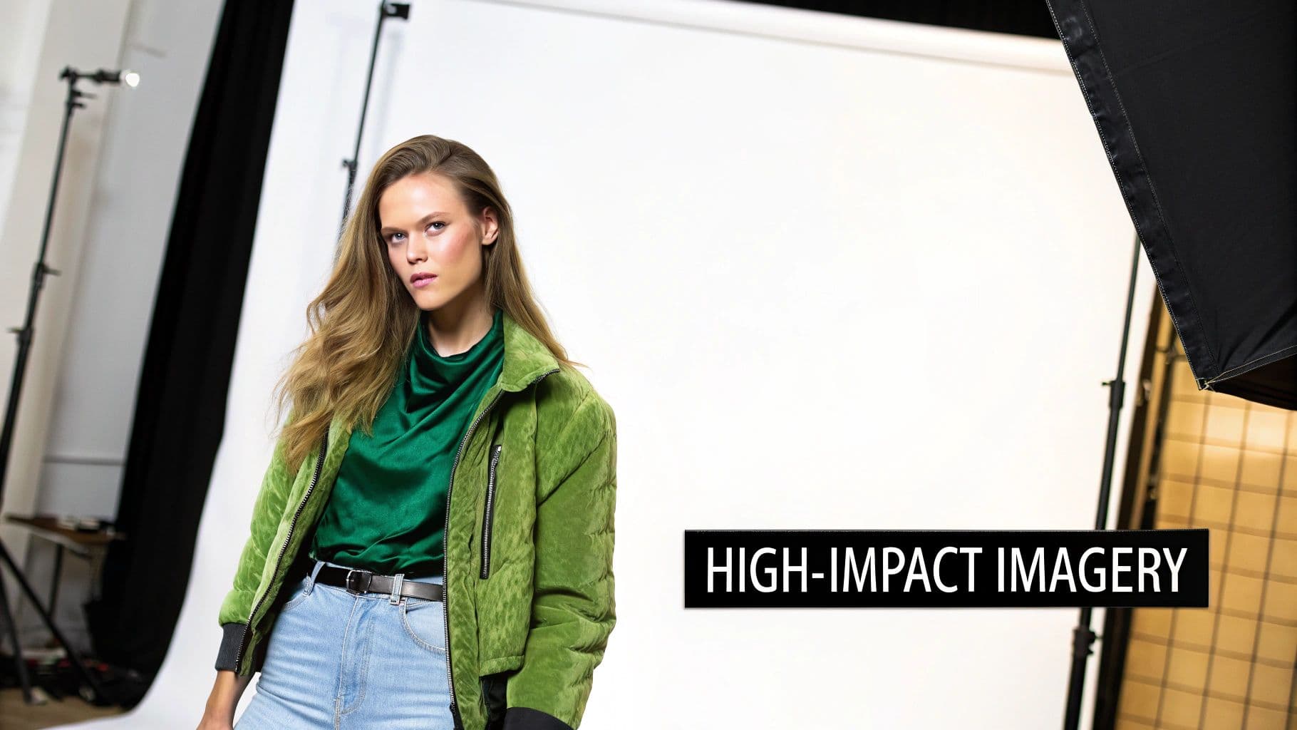 Female model in a green jacket and blue jeans in a professional photography studio.