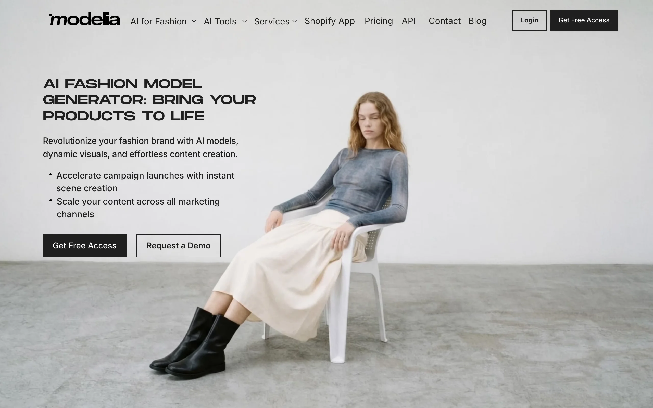 Modelia homepage screenshot showing AI fashion model generator