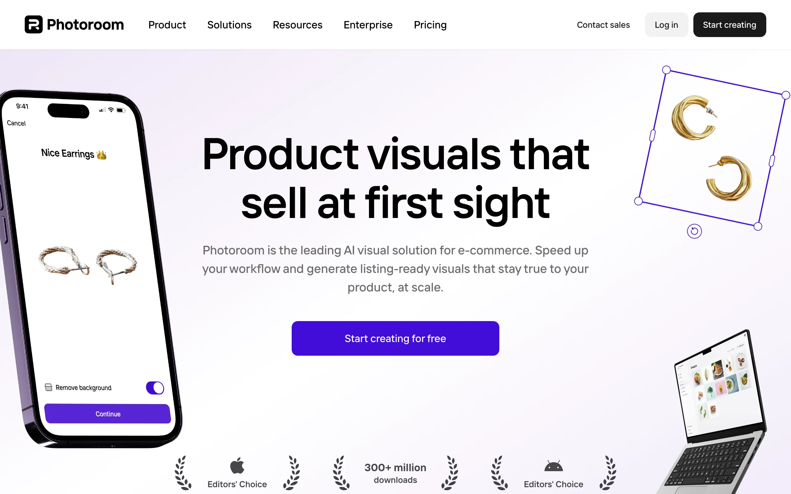 Photoroom homepage screenshot showing AI ecommerce photo editor