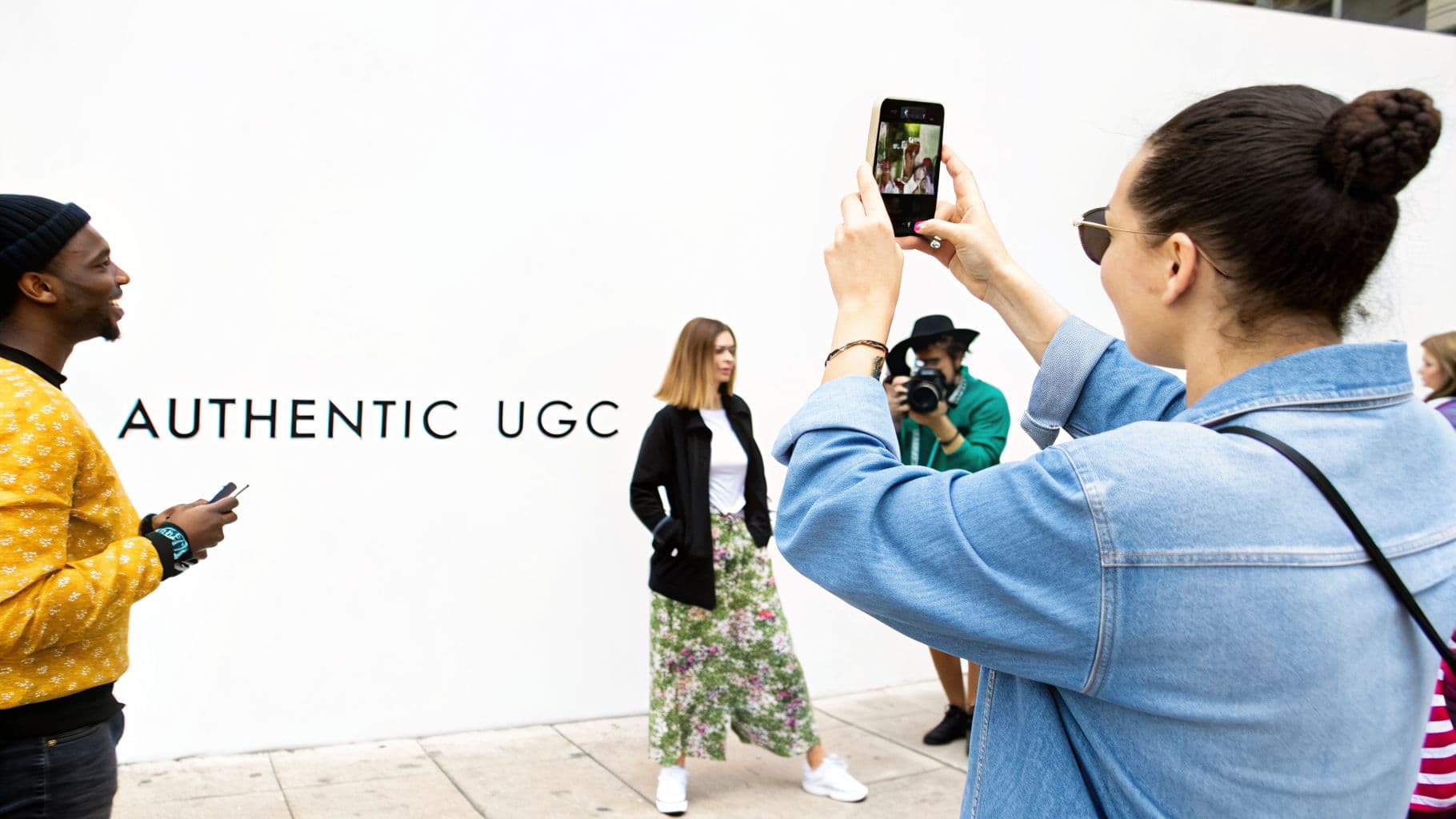 People capture photos with phones and cameras near a wall displaying "AUTHENTIC UGC" text.