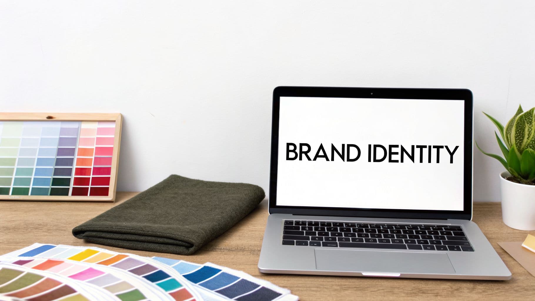 Desk with a laptop displaying 'BRAND IDENTITY,' color swatches, green fabric, and a plant.