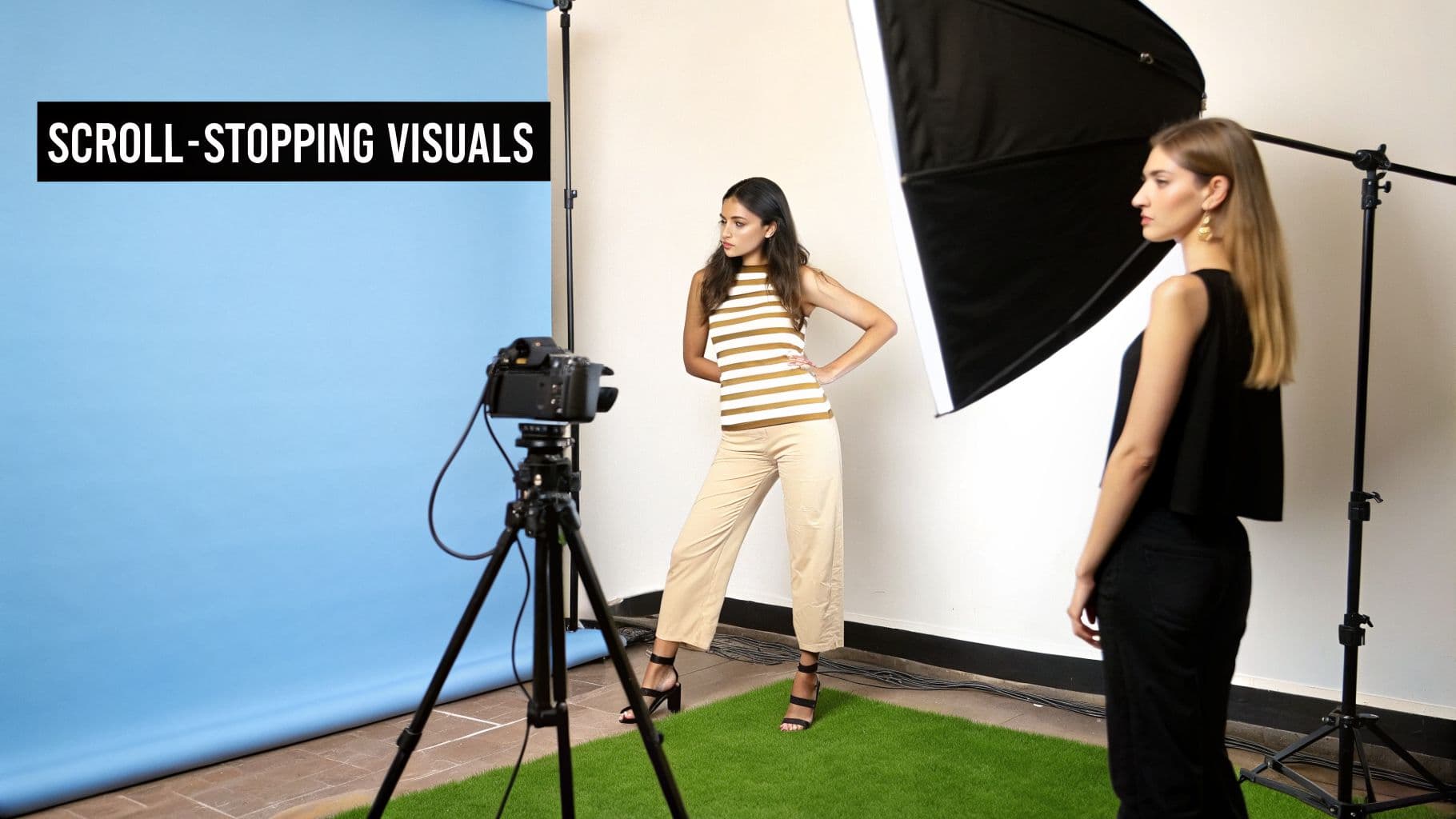 Two models in a professional photo studio with a camera, lights, and blue backdrop.
