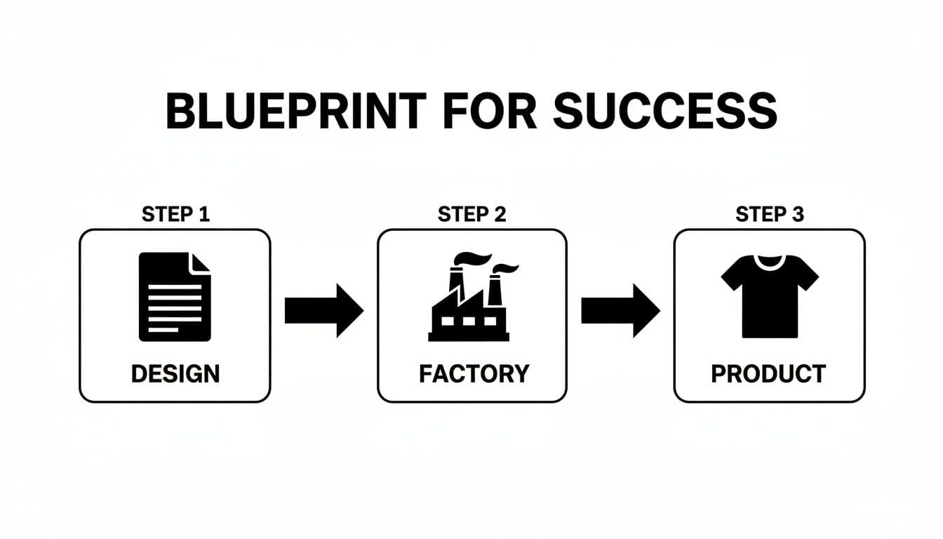 A success blueprint flowchart showing three steps: design, factory production, and final product.