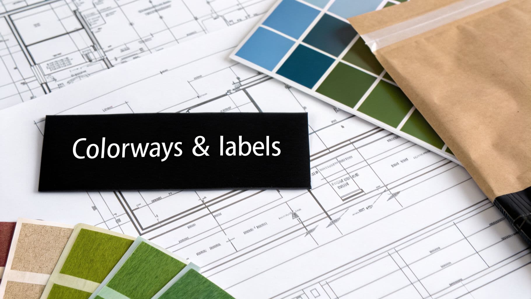 Design table with blueprints, color swatches, and a black label reading 'Colorways & labels'.