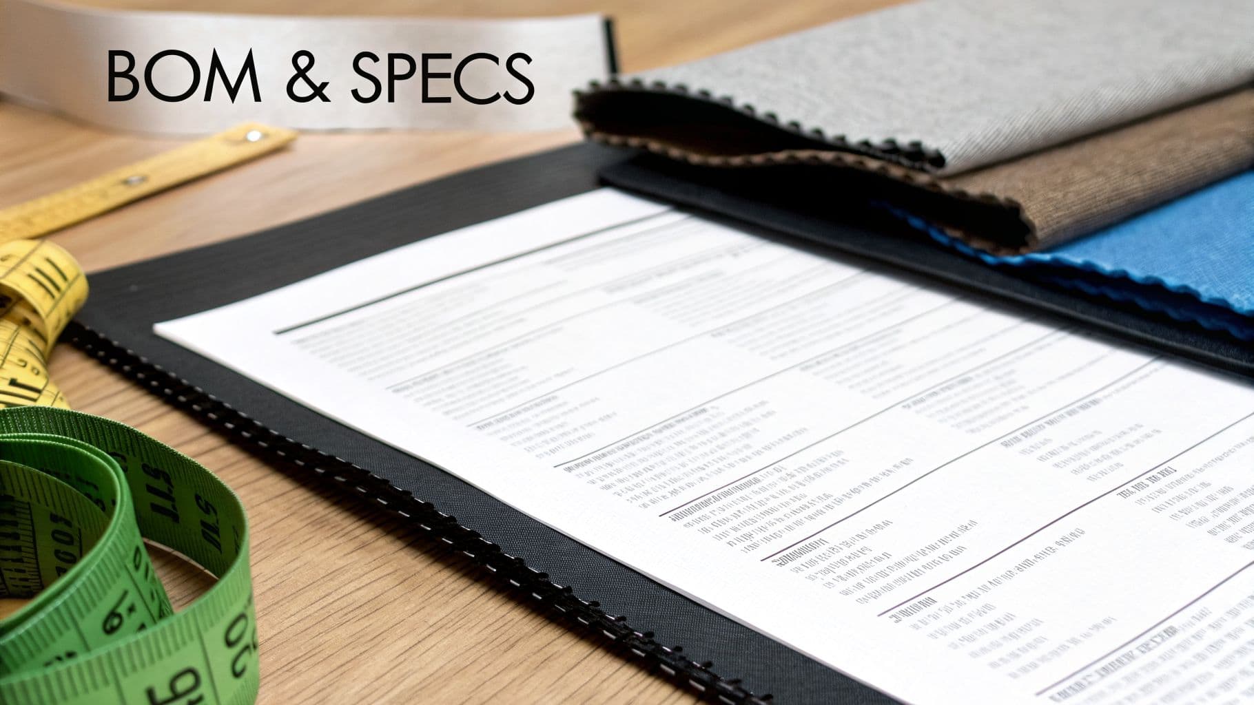 Close-up of a 'BOM & SPECS' document, fabric swatches, and measuring tapes on a wooden desk.