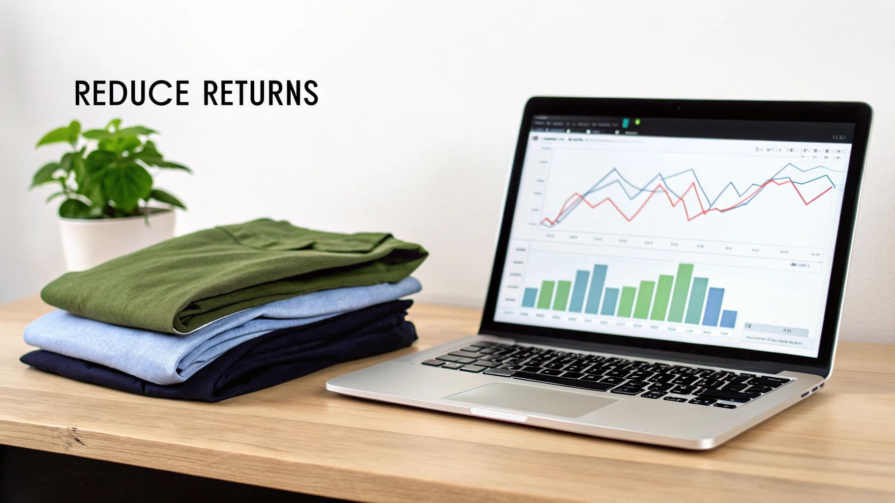 Folded clothing beside a laptop with business analytics and "REDUCE RETURNS" text.