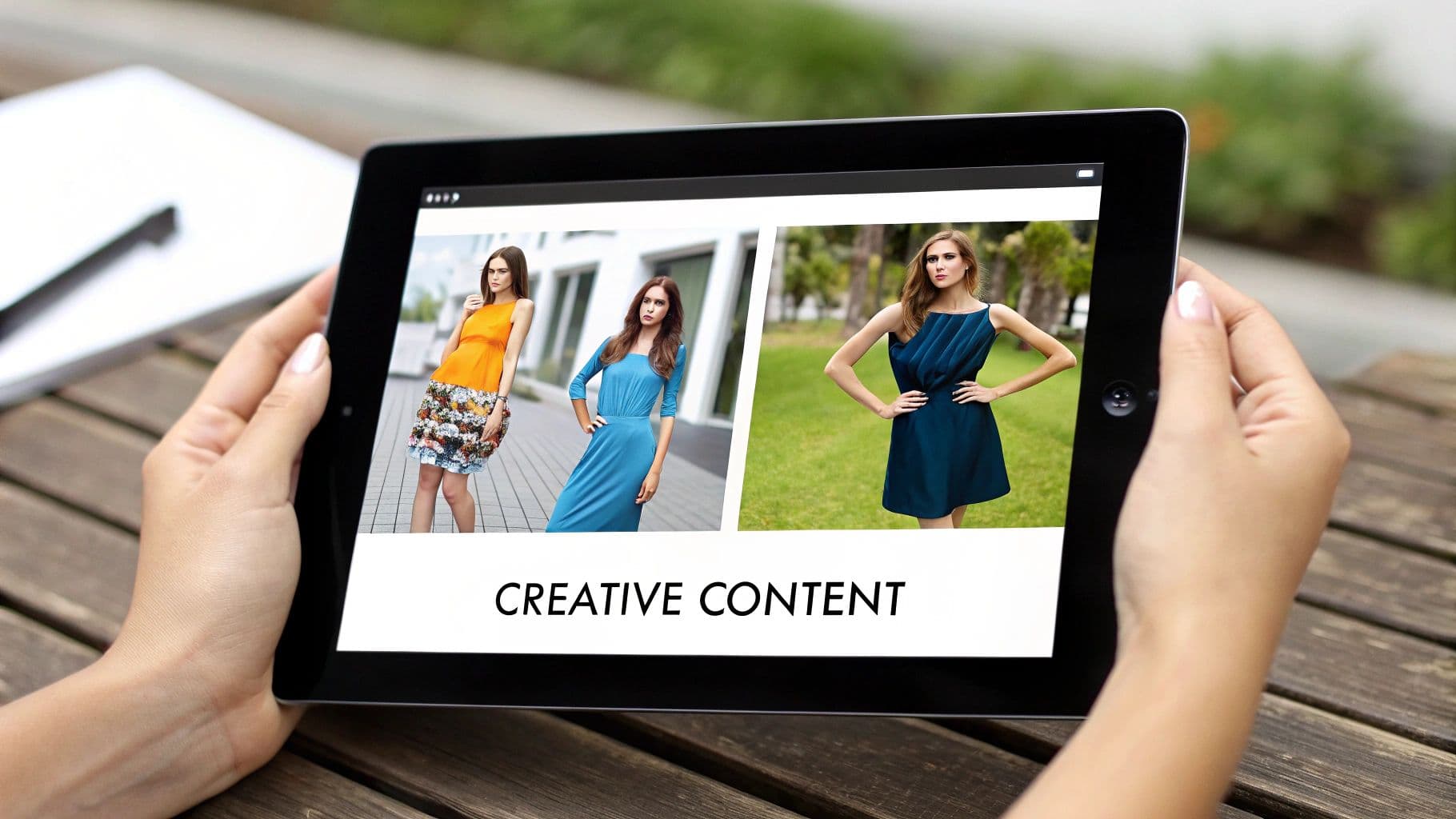 Close-up of hands holding a tablet displaying fashion images of women in dresses and 'CREATIVE CONTENT'.