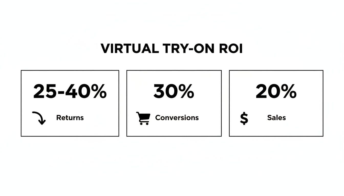Virtual try-on ROI infographic showing 25-40% reduced returns, 30% conversions, and 20% sales increase.