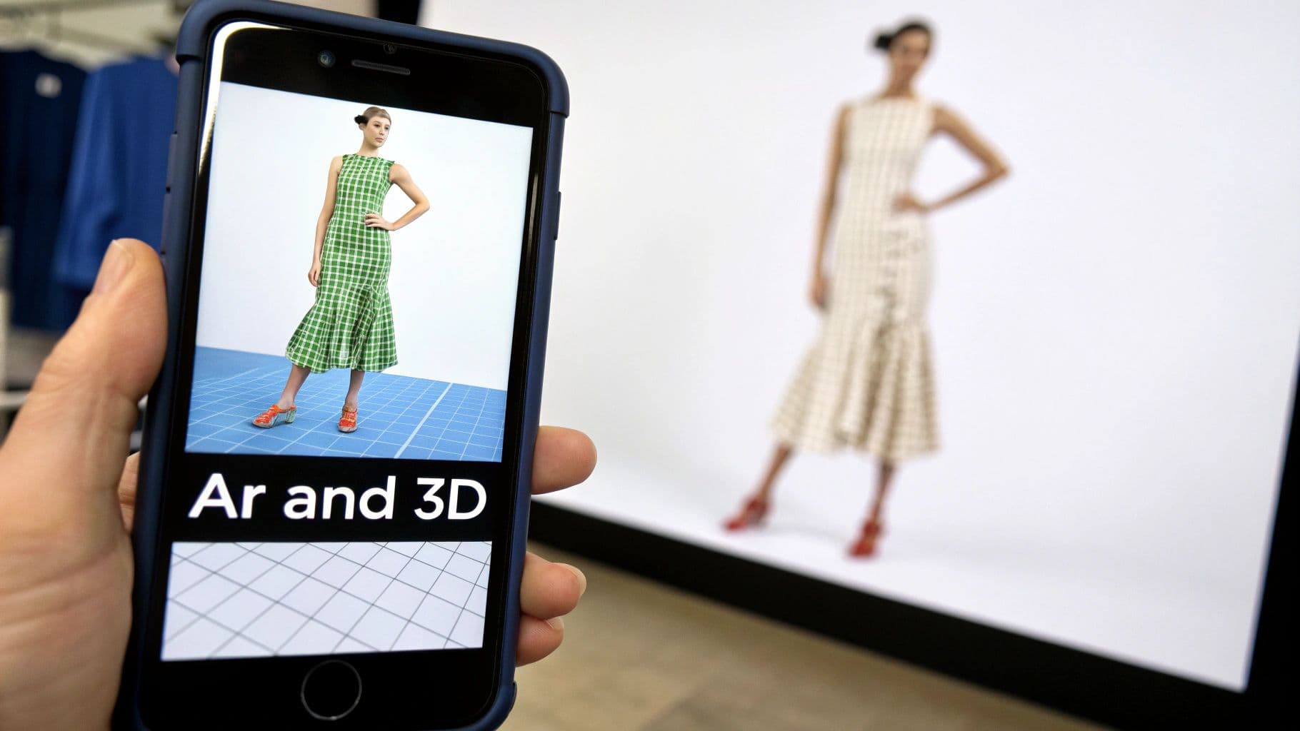 A hand holds a smartphone displaying a 3D model of a woman in a green dress, illustrating augmented reality fashion.
