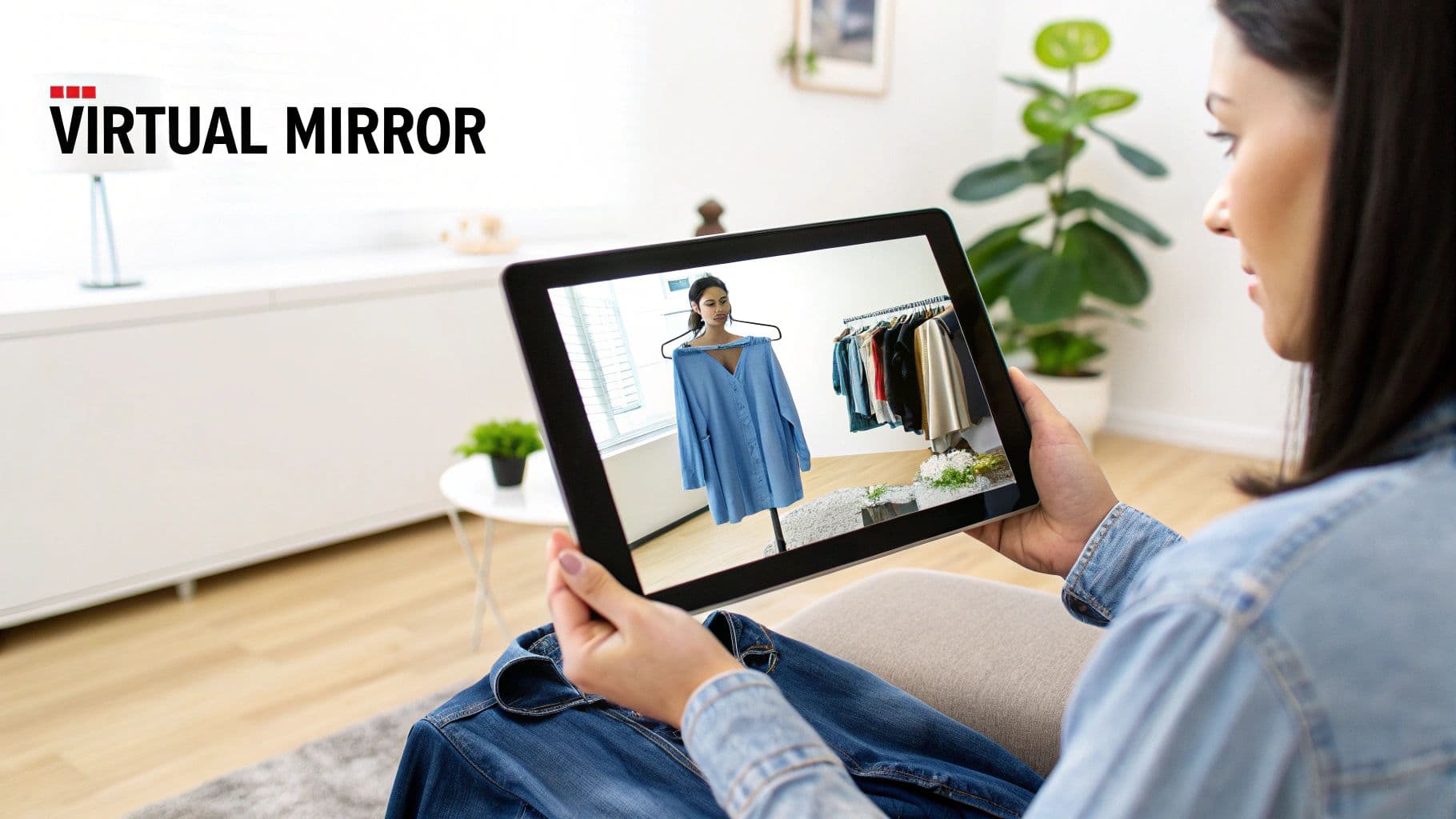 A woman uses a tablet displaying a virtual mirror showing clothes on a digital model.