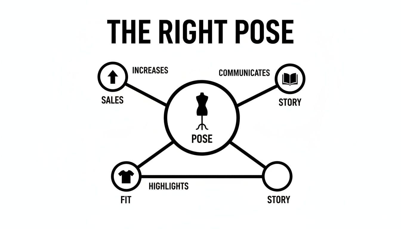 Diagram illustrating how fashion model poses increase sales, highlight fit, and communicate a story effectively.