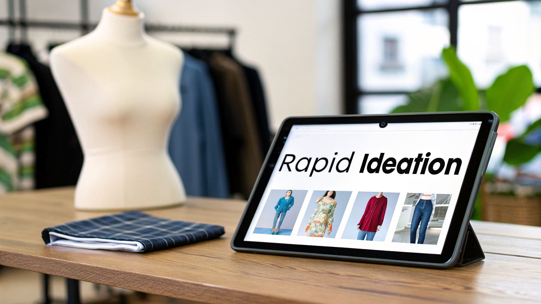A tablet displays 'Rapid Ideation' with fashion items, next to a mannequin in a design studio.