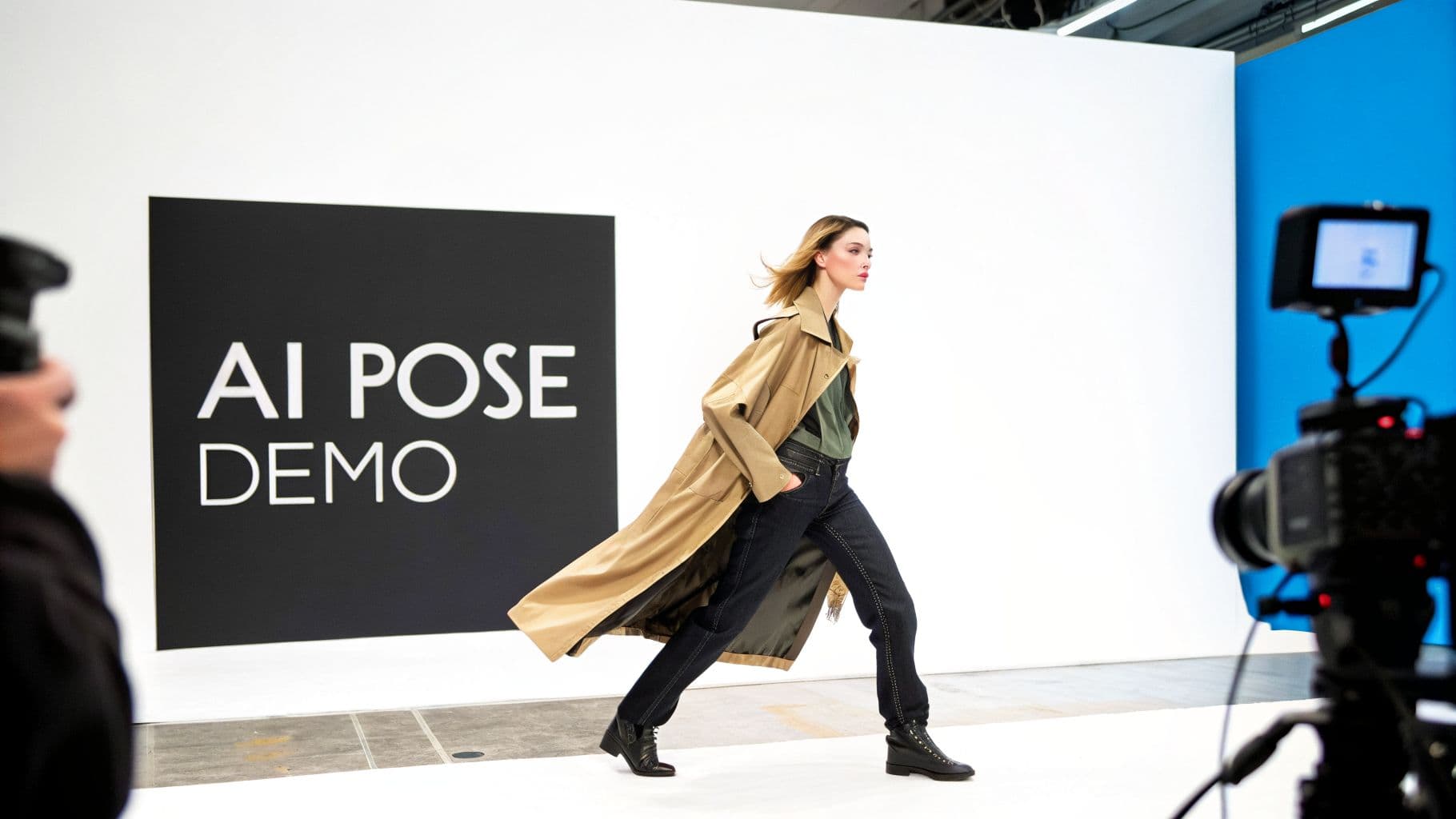 A fashion model in a trench coat and jeans walks past an 'AI POSE DEMO' sign in a studio, with cameras.