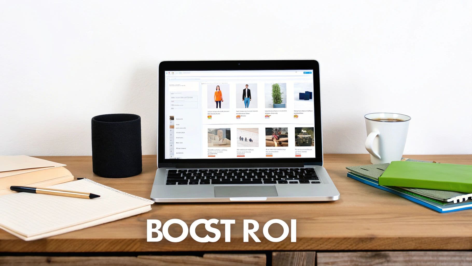 A modern workspace featuring a laptop displaying an e-commerce site, alongside a coffee mug, notebooks, and books.