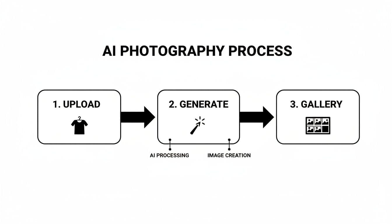 Flowchart illustrating the AI photography process with steps: upload, generate, and gallery.