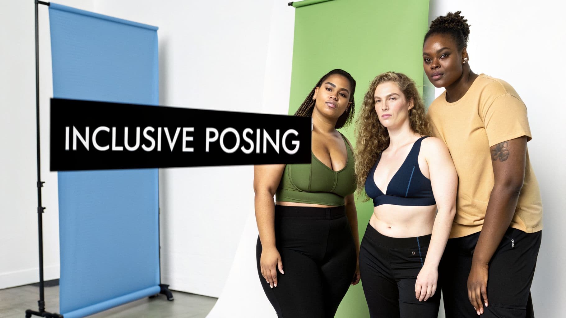 Three diverse women in activewear pose confidently, promoting inclusive modeling on a studio backdrop.