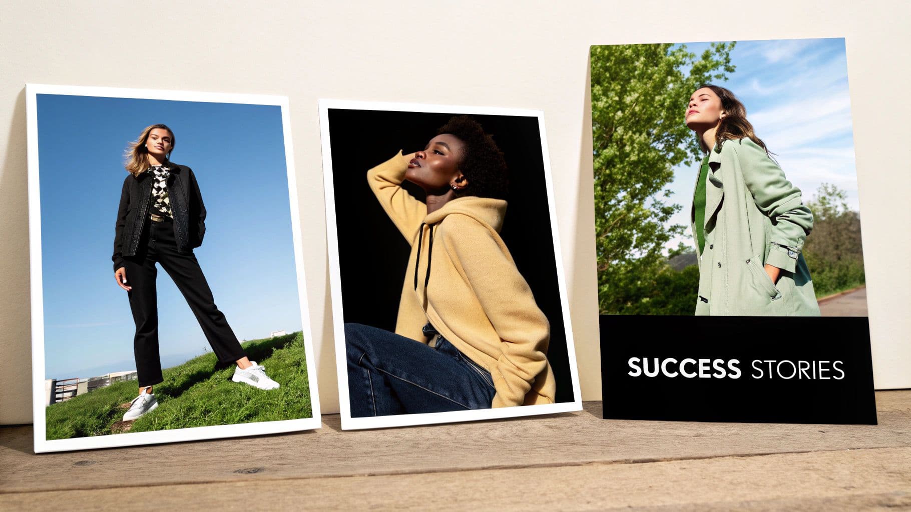 Three framed photos showcase diverse women in stylish outfits, with one labeled 'SUCCESS STORIES'.