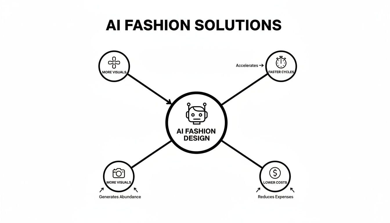 A diagram about AI Fashion Solutions, showing how AI Design brings more visuals, faster cycles, and lower costs.