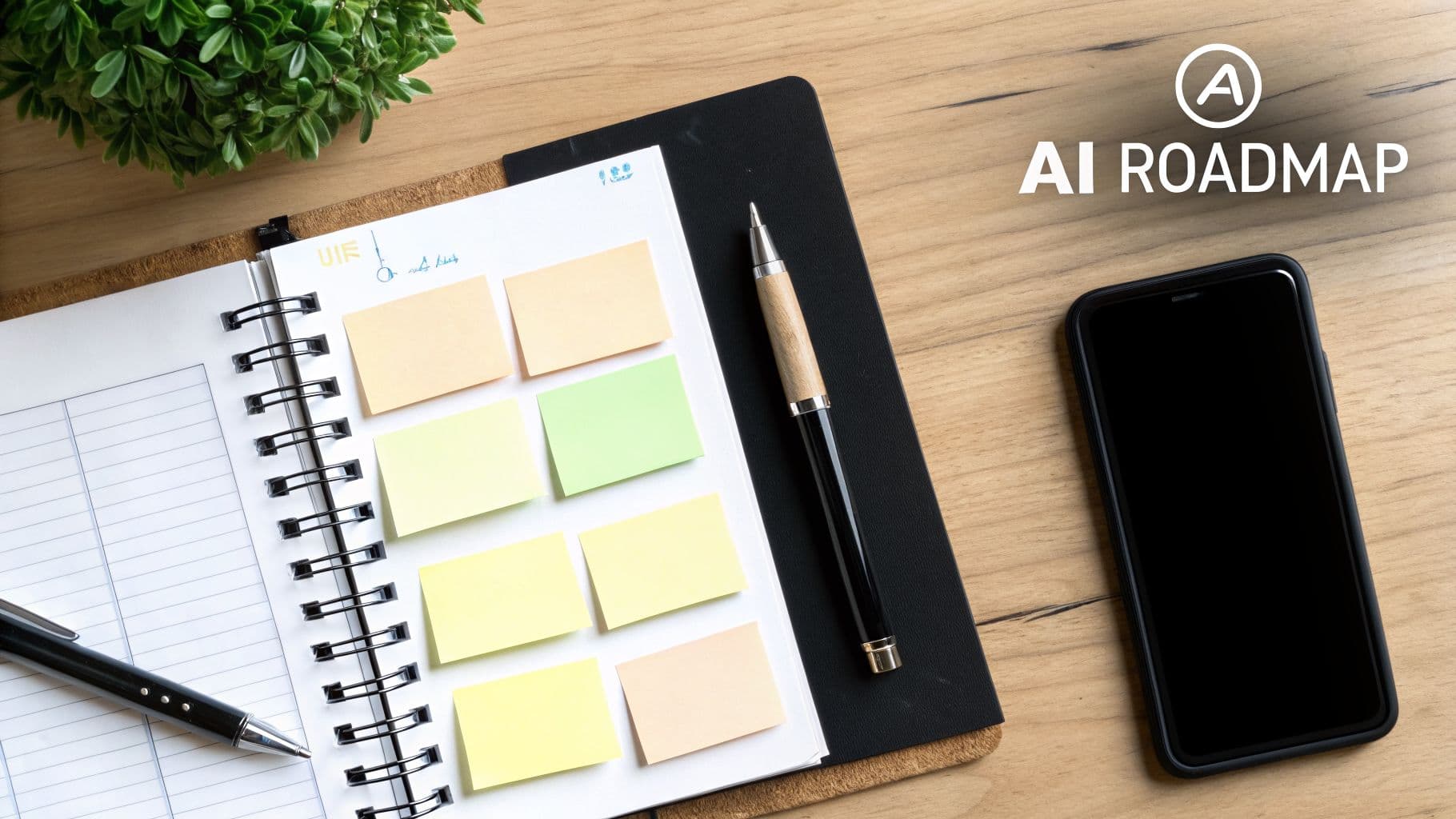 Desk flat lay with an open notebook, colorful sticky notes, pens, a plant, and a smartphone. AI Roadmap text overlaid.
